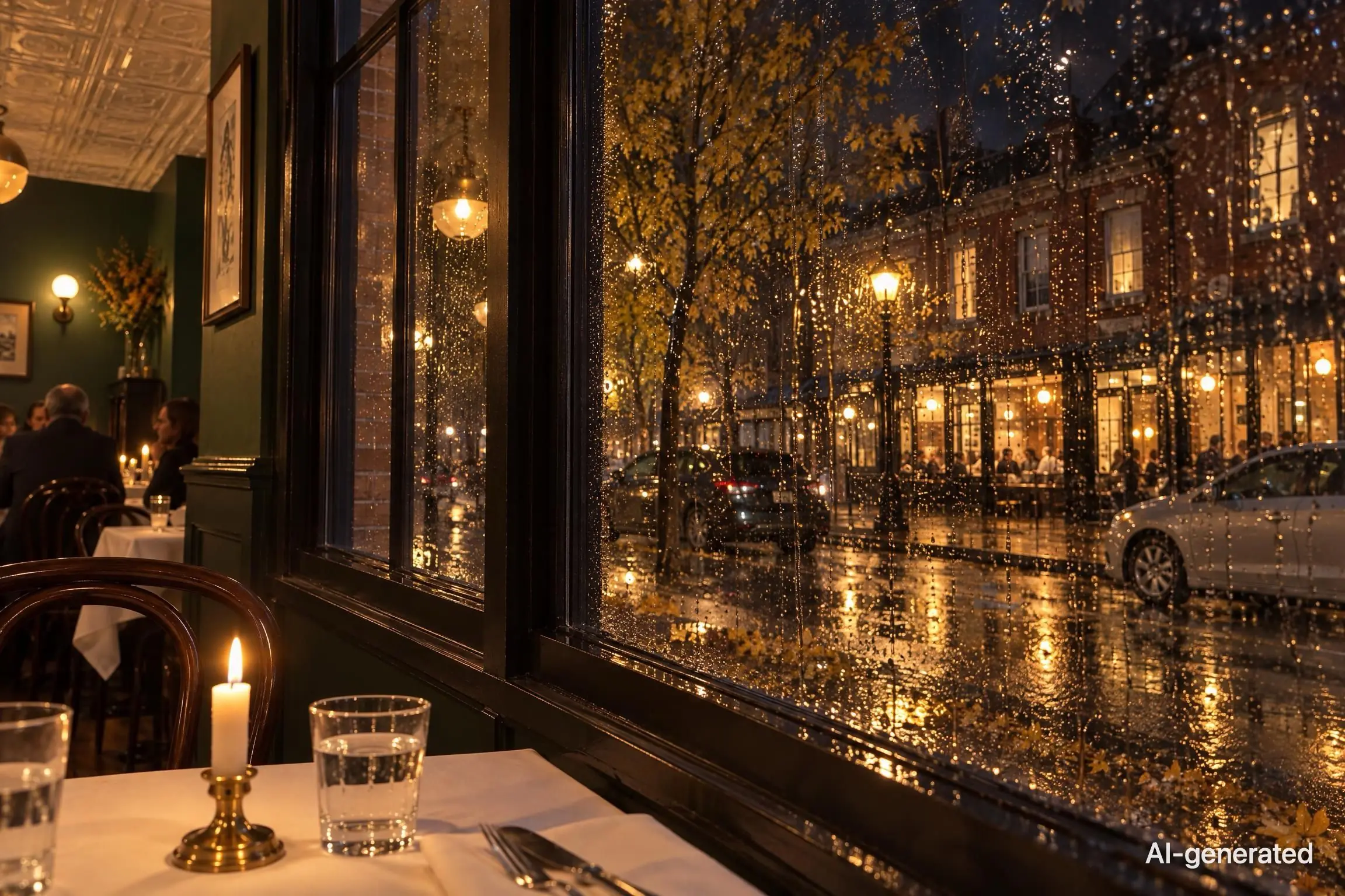 AI-generated photo of rain running down a bistro window at night, the street lights soft through the water. The photo carries an AI-generated mark.