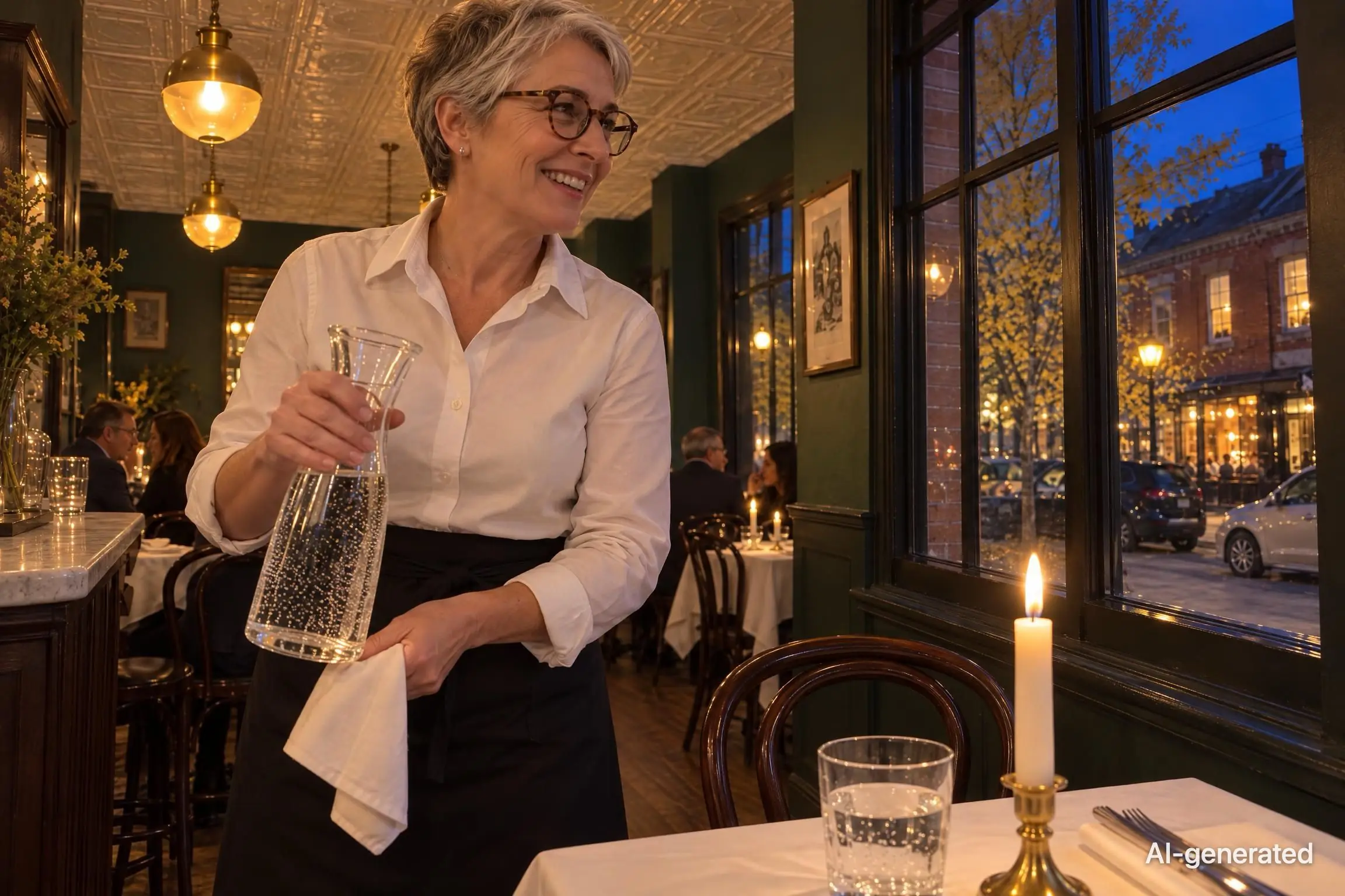 AI-generated photo of a server with a carafe of sparkling water beside a candlelit bistro table. The photo carries an AI-generated mark.