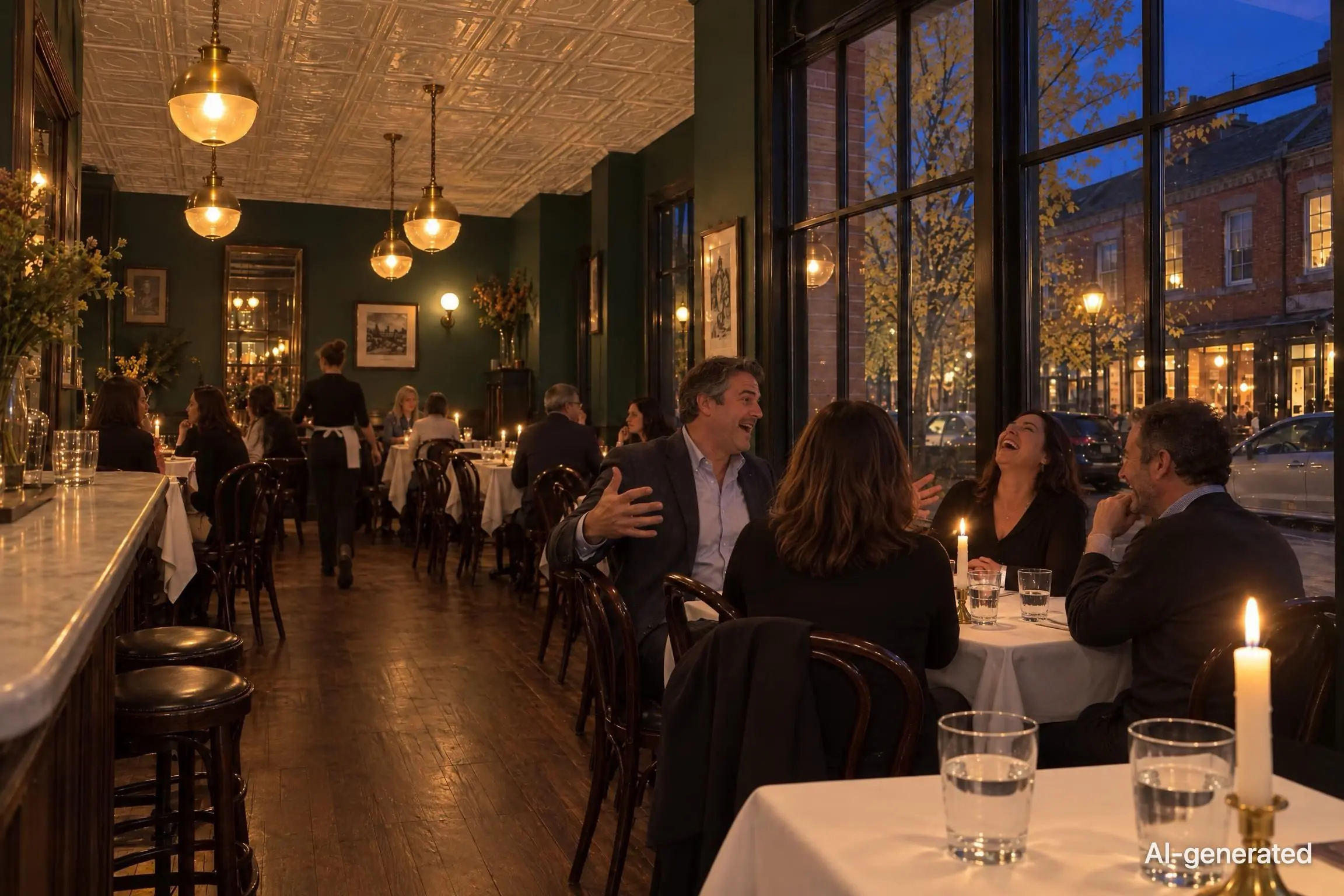 AI-generated photo of a man telling a story with his arms flung wide at the next bistro table, his three friends laughing. The photo carries an AI-generated mark.