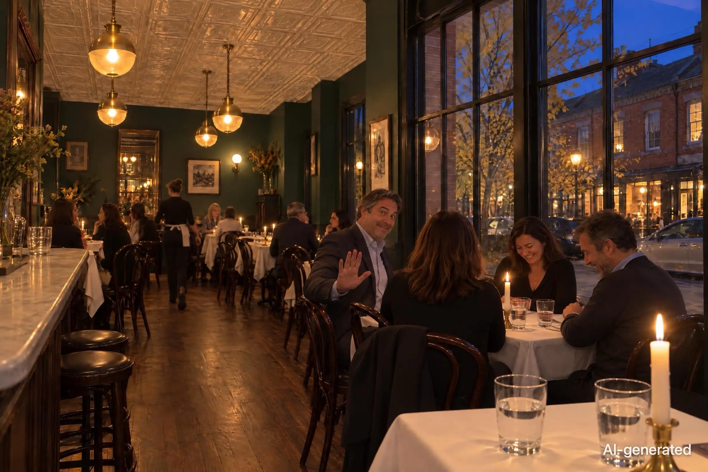 AI-generated photo of a man at the next bistro table holding up a palm in apology with a sheepish grin, his friends smiling. The photo carries an AI-generated mark.