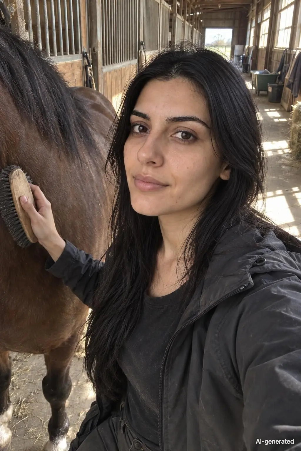 AI-generated photo of Hannah, 28, a persona on Someone, brushing a brown horse in a sunny barn aisle in a dark work jacket, holding the camera out at arm's length with a soft smile. The photo carries an AI-generated mark.