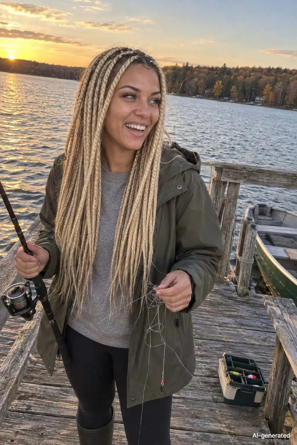 AI-generated photo of Lena, 27, a persona on Someone, laughing at a tangled fishing line on a weathered wooden pier at sunset, a spinning rod in one hand, a tackle box at her feet and a rowboat tied up below. The photo carries an AI-generated mark.