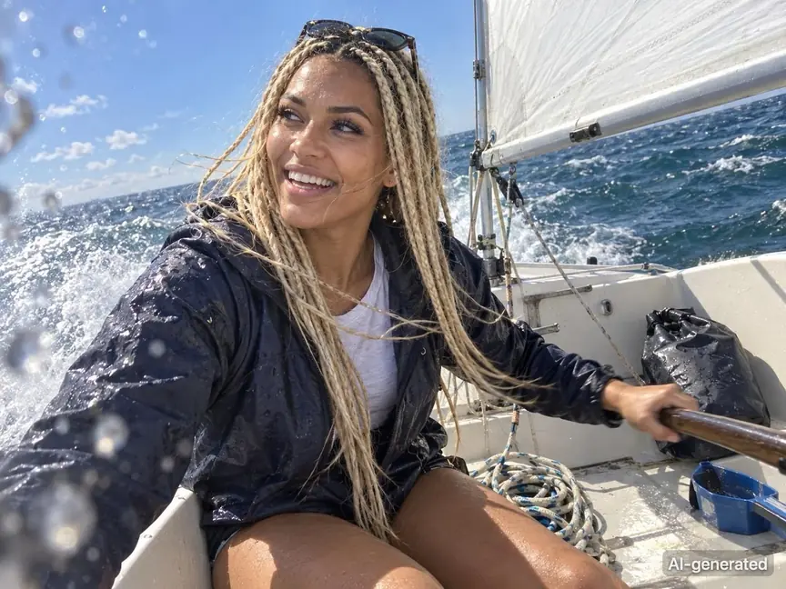 AI-generated photo of Lena, 27, a persona on Someone, at the helm of a small sailboat on a bright, choppy day, laughing as spray comes over the side. The photo carries an AI-generated mark.