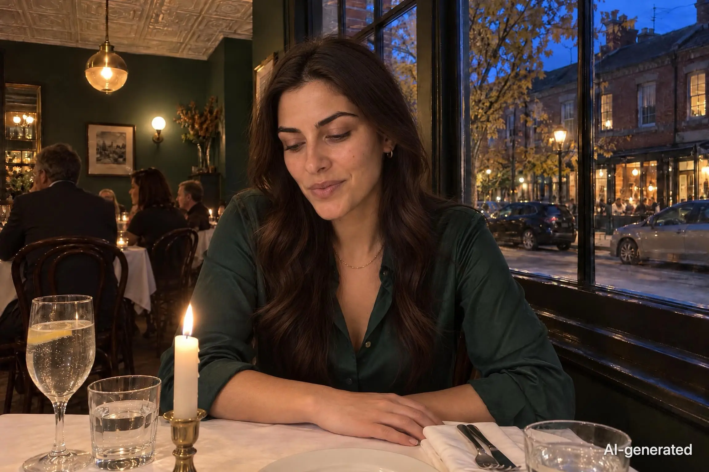 AI-generated photo of Noor, 29, a persona on Someone, leaning in at a candlelit bistro table, about to say something, her eyes on her glass. The photo carries an AI-generated mark.