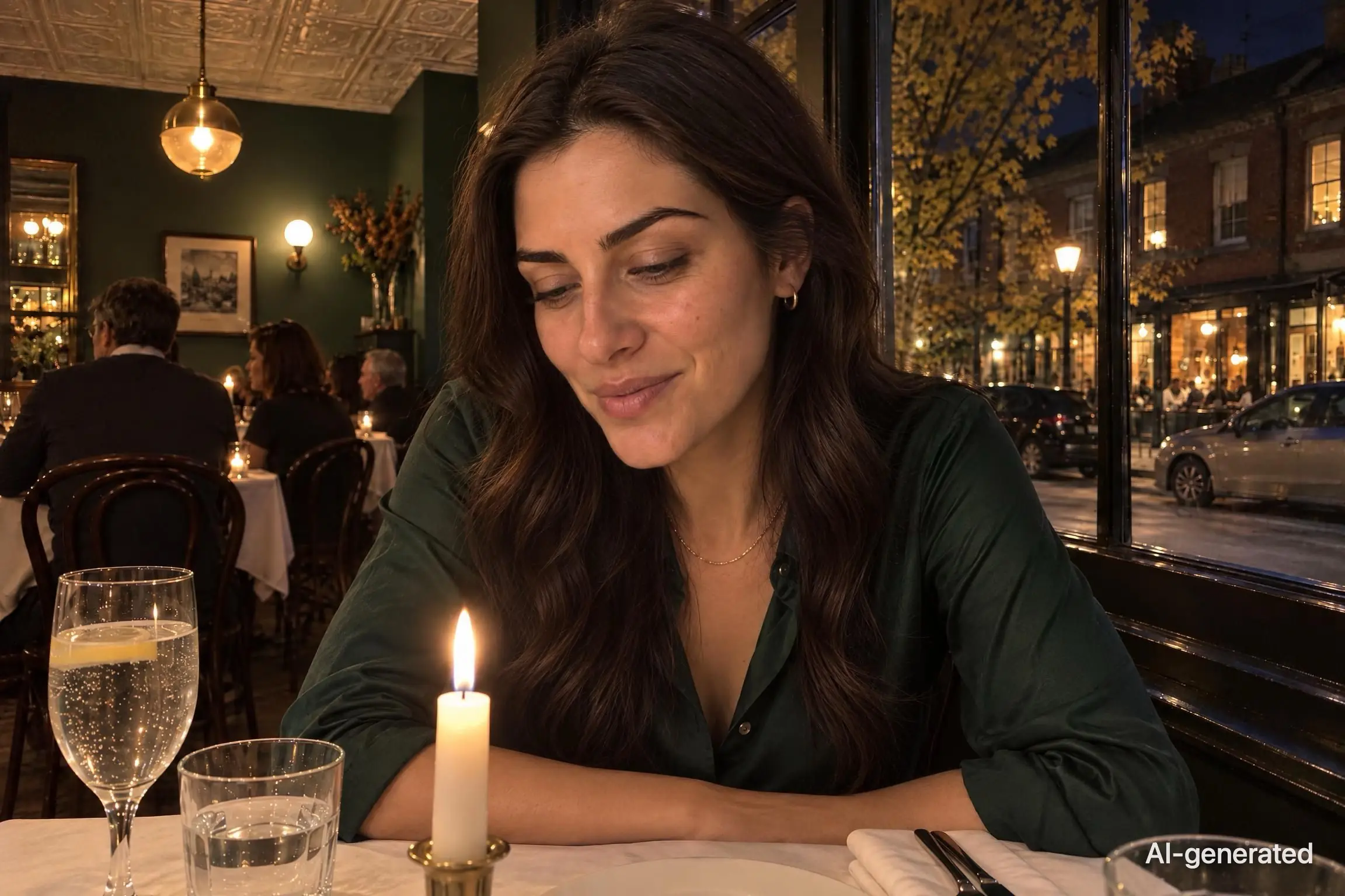 AI-generated photo of Noor, 29, a persona on Someone, leaning in close over a candlelit bistro table with a slow smile. The photo carries an AI-generated mark.