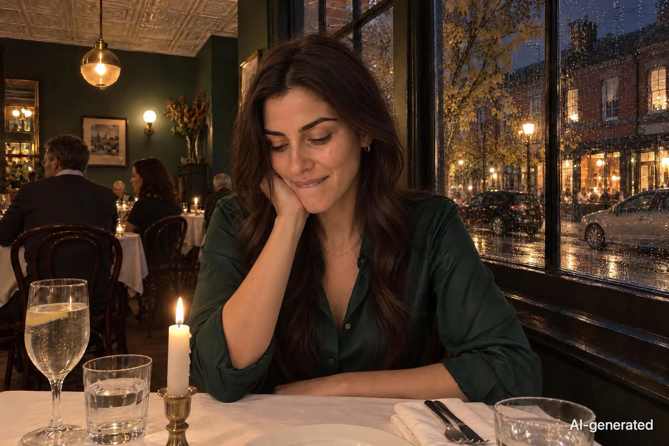 AI-generated photo of Noor, 29, a persona on Someone, at a candlelit bistro table, looking down with a sheepish smile. The photo carries an AI-generated mark.