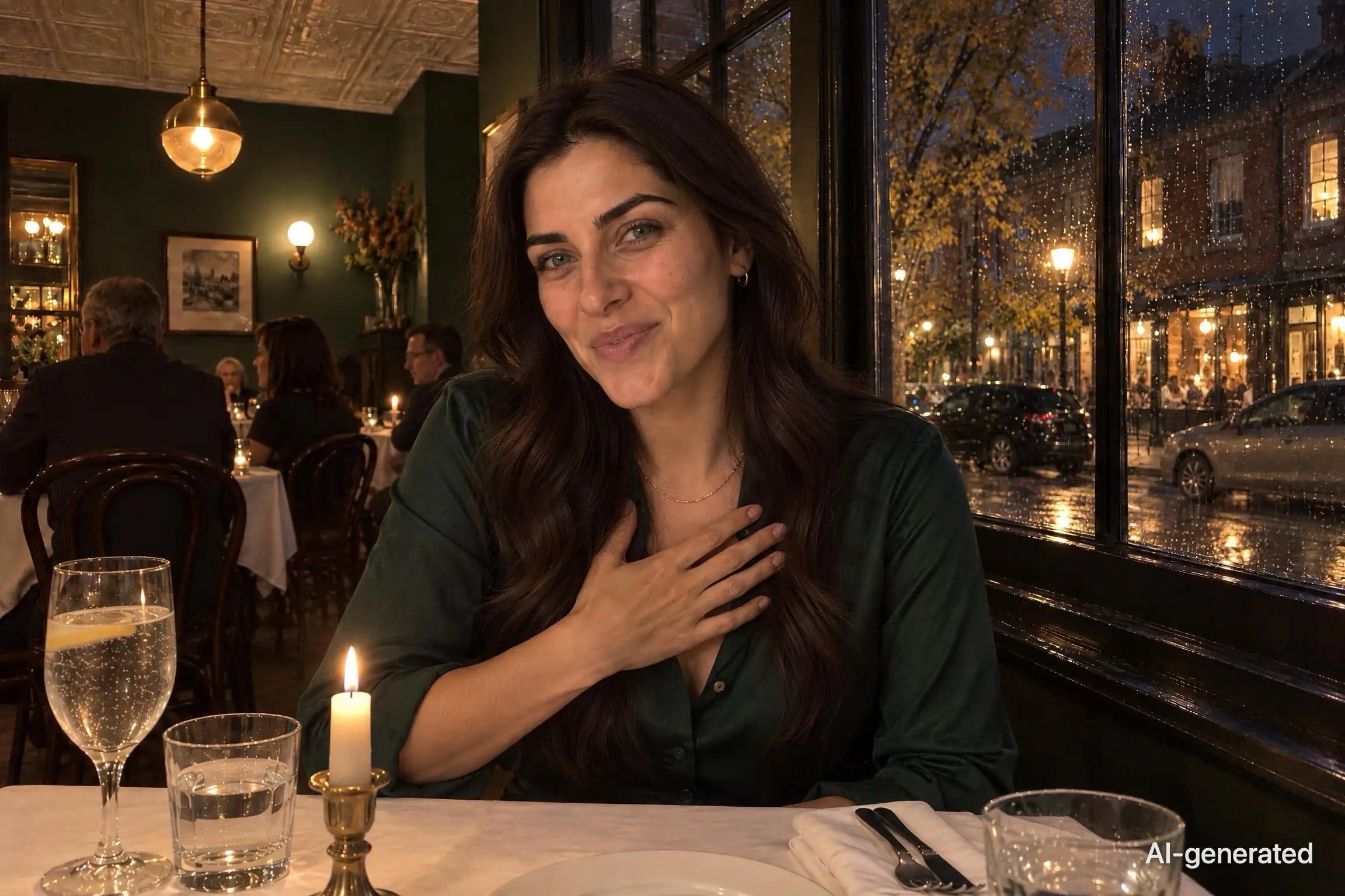 AI-generated photo of Noor, 29, a persona on Someone, laughing at a candlelit bistro table late in the evening, one hand on her chest. The photo carries an AI-generated mark.