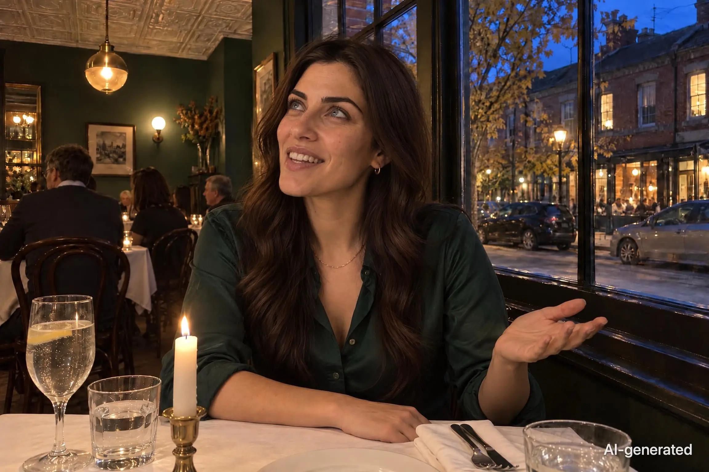 AI-generated photo of Noor, 29, a persona on Someone, laughing at a candlelit bistro table, one hand up, palm open. The photo carries an AI-generated mark.
