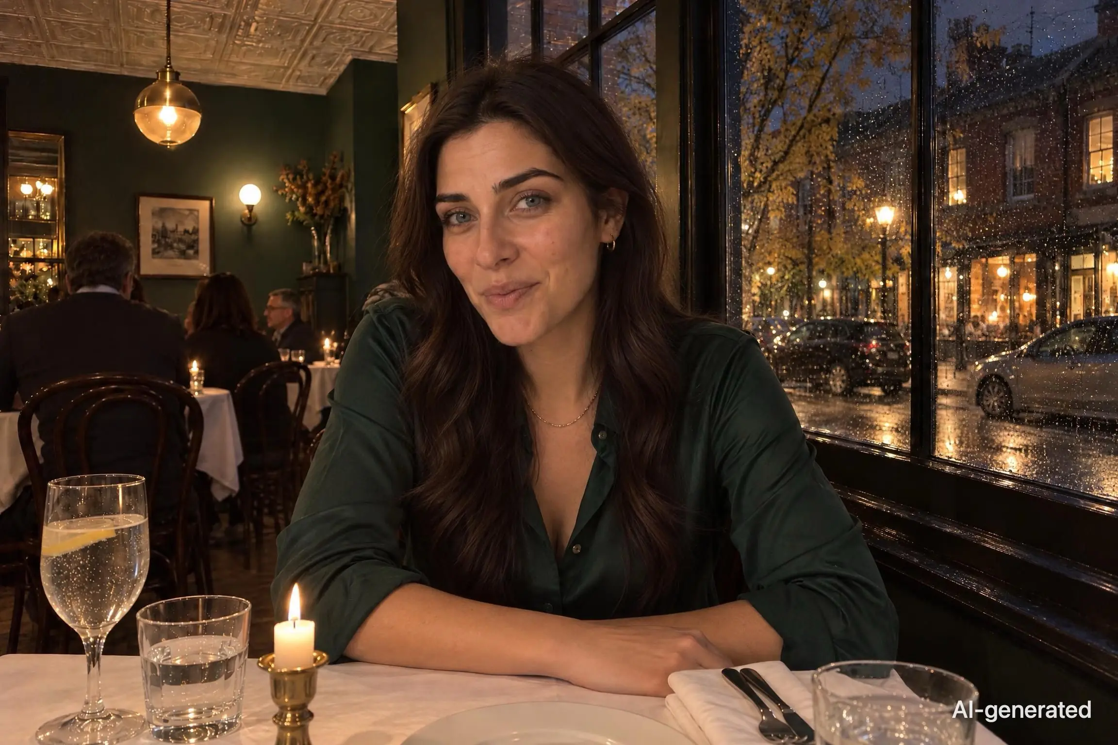 AI-generated photo of Noor, 29, a persona on Someone, leaning forward at a candlelit bistro table, earnest, with a nervous half-laugh. The photo carries an AI-generated mark.