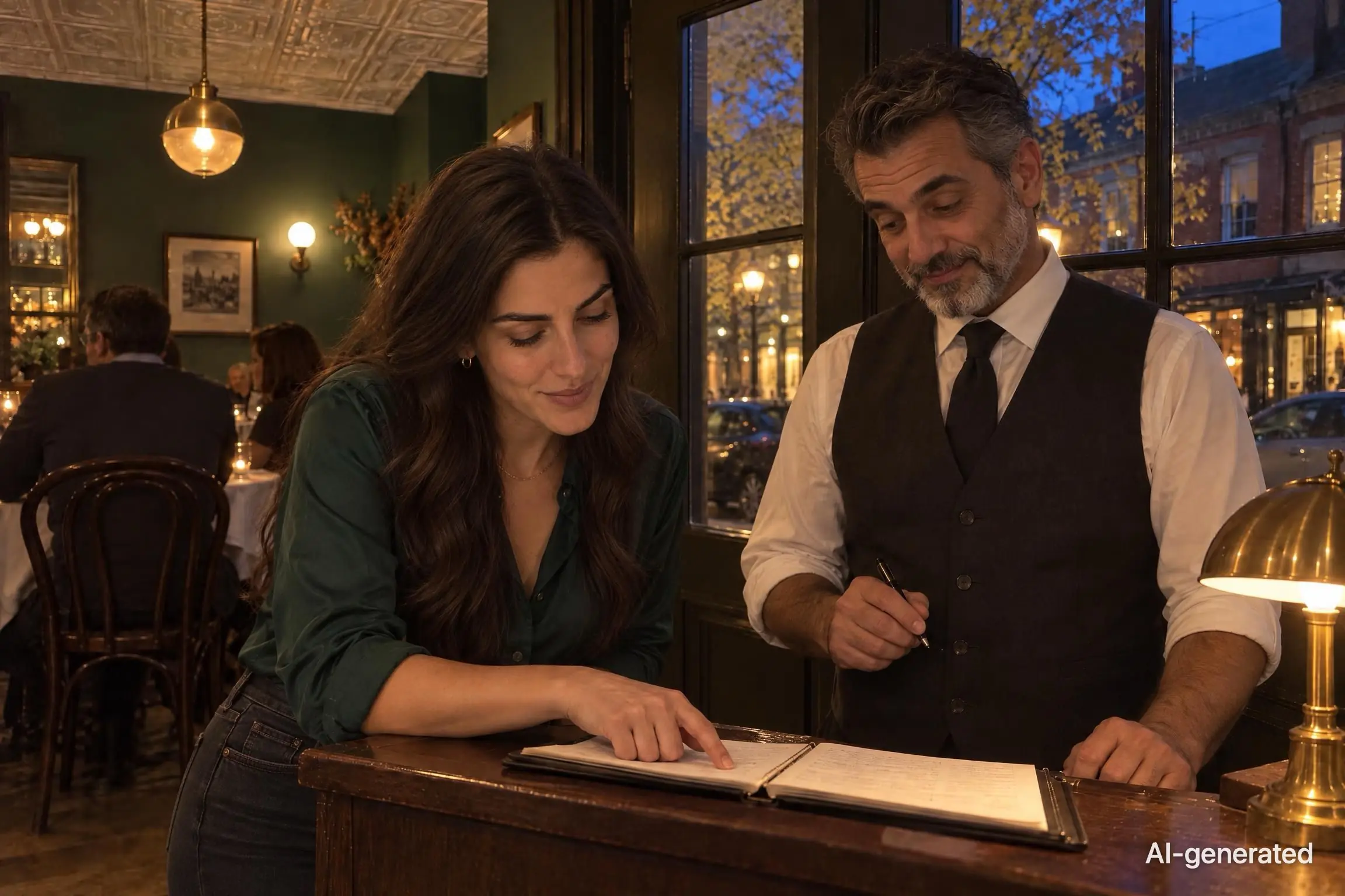 AI-generated photo of Noor, 29, a persona on Someone, leaning over a bistro's host stand to read the book upside down while the maître d' watches, amused. The photo carries an AI-generated mark.