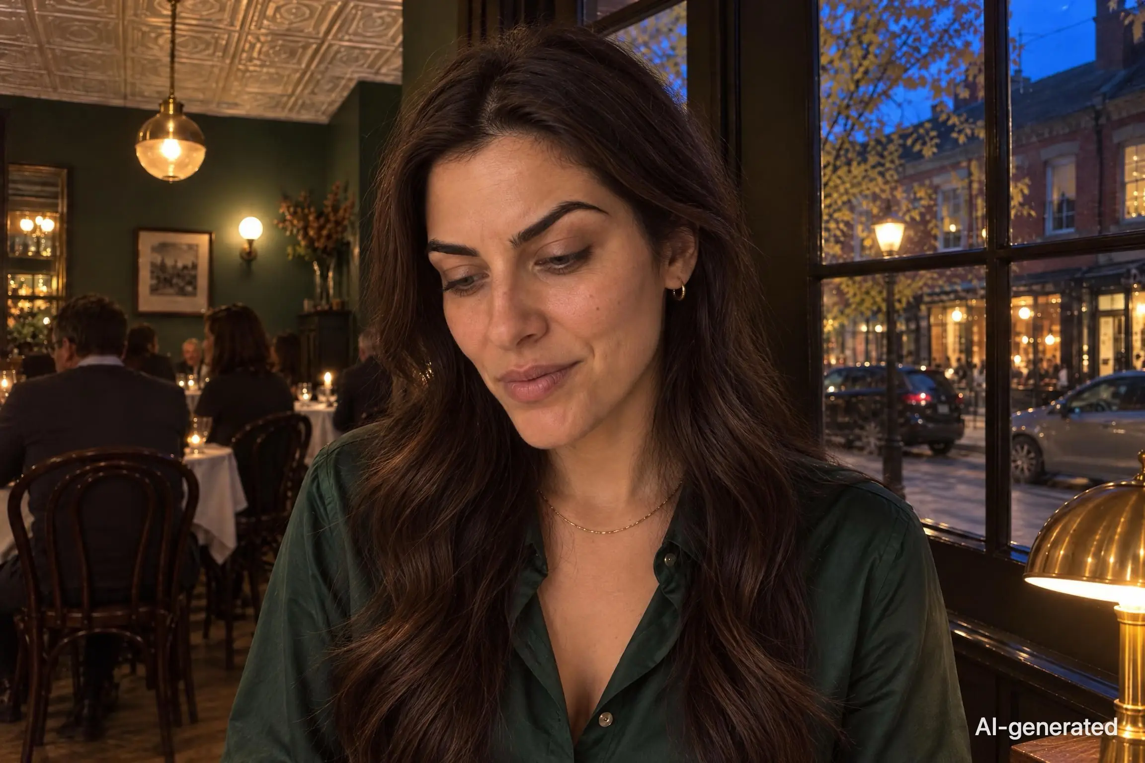 AI-generated photo of Noor, 29, a persona on Someone, at a bistro's host stand, eyes narrowed on the open book with a patient, amused look. The photo carries an AI-generated mark.