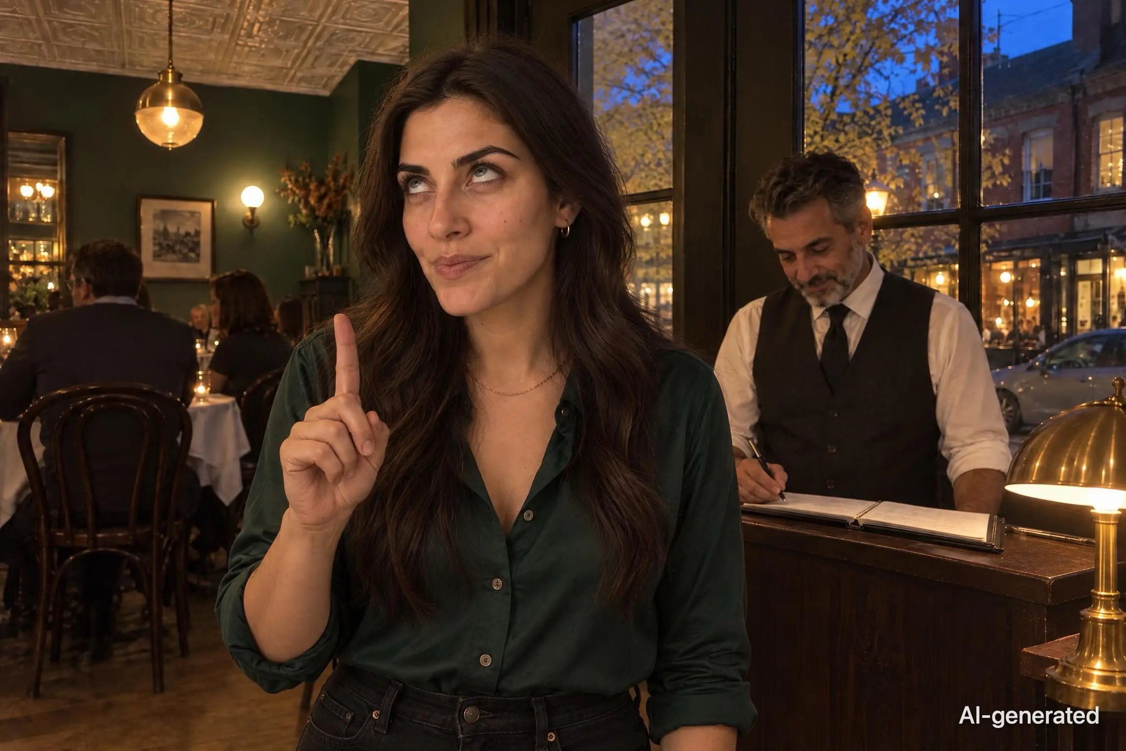 AI-generated photo of Noor, 29, a persona on Someone, by a bistro's host stand, holding up one finger with a mock-stern face. The photo carries an AI-generated mark.