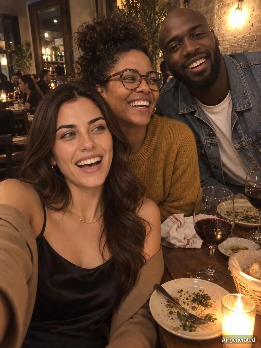 AI-generated photo of Noor, 29, a persona on Someone, taking a selfie with two friends at a candlelit restaurant table. The photo carries an AI-generated mark.