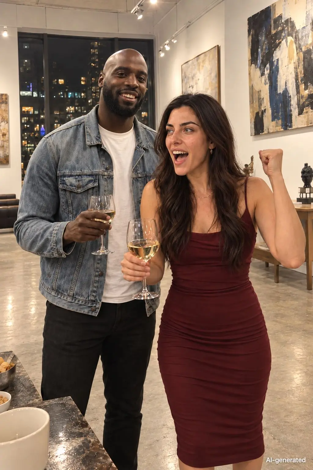 AI-generated photo of Noor, 29, a persona on Someone, cheering with a glass of white wine at a gallery opening, a friend beside her. The photo carries an AI-generated mark.