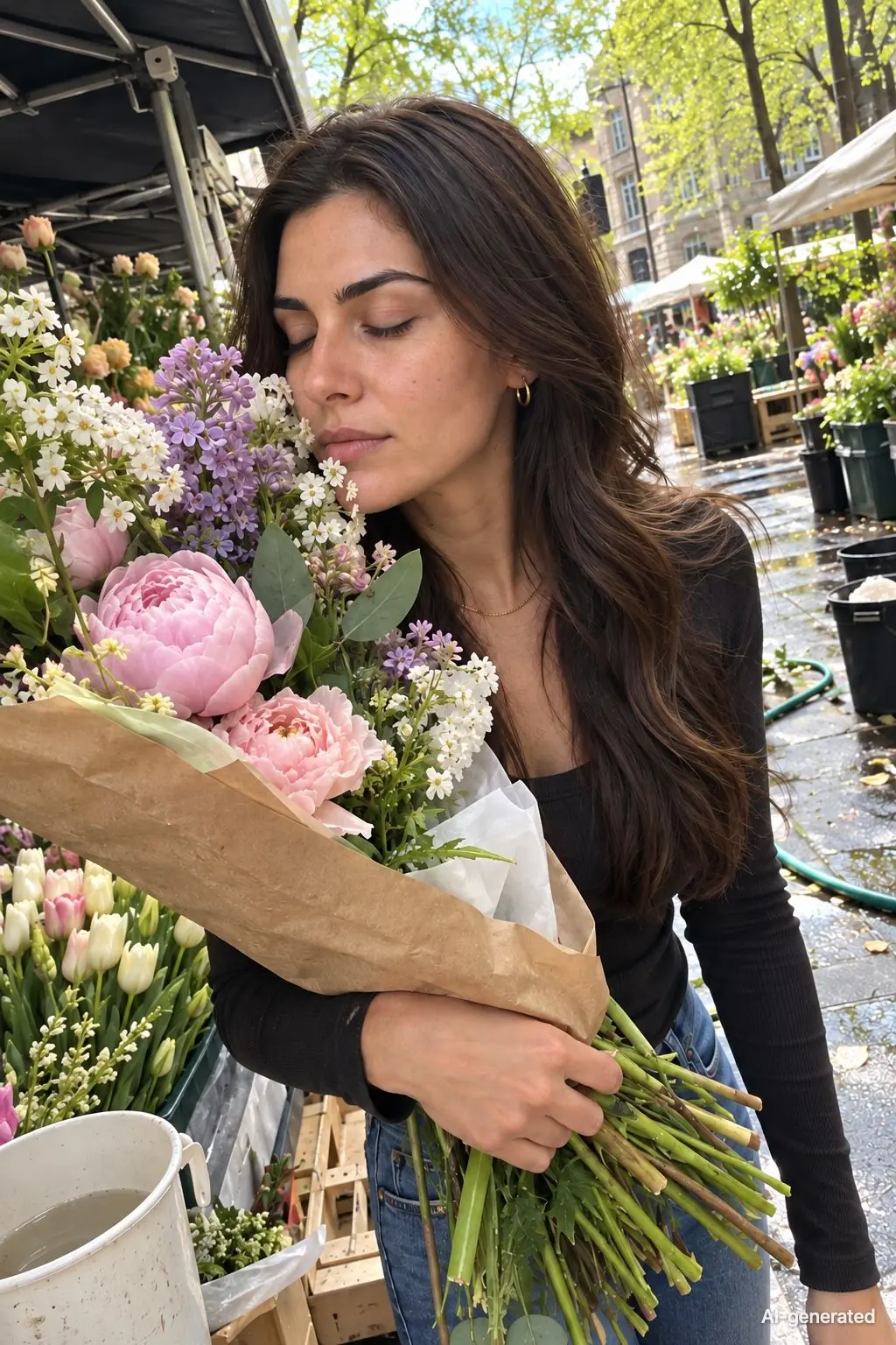 AI-generated photo of Noor, 29, a persona on Someone, eyes closed, smelling a bunch of white tulips at a flower market. The photo carries an AI-generated mark.