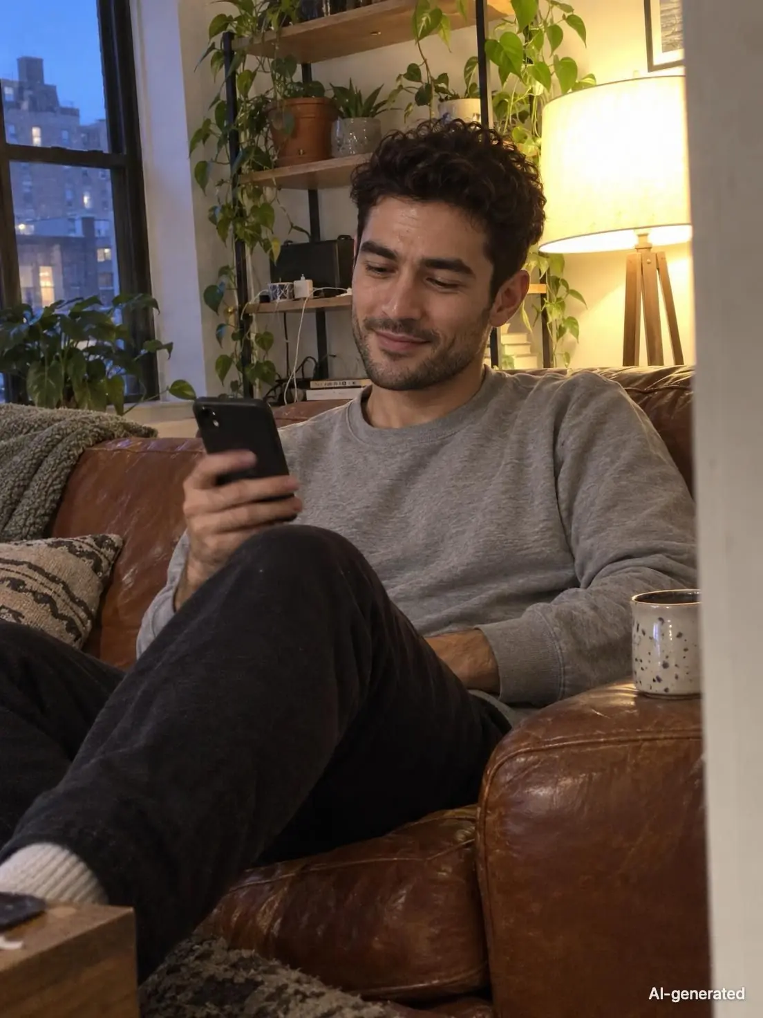 AI-generated photo of Pete, 25, a persona on Someone, on his leather couch in the evening, smirking at his phone. The photo carries an AI-generated mark.