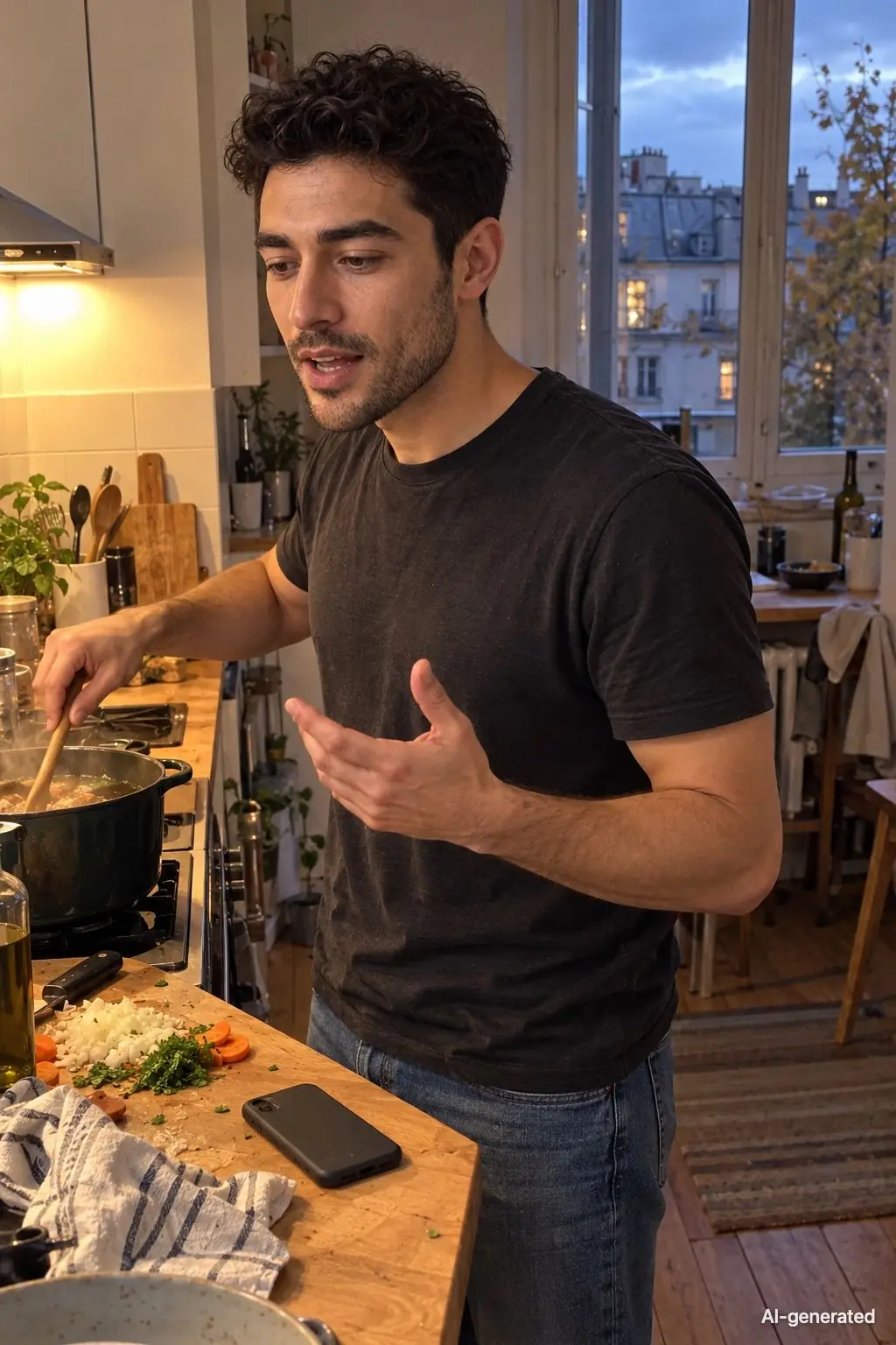 AI-generated photo of Pete, 25, a persona on Someone, cooking at his stove and talking, his phone on the counter on a call. The photo carries an AI-generated mark.