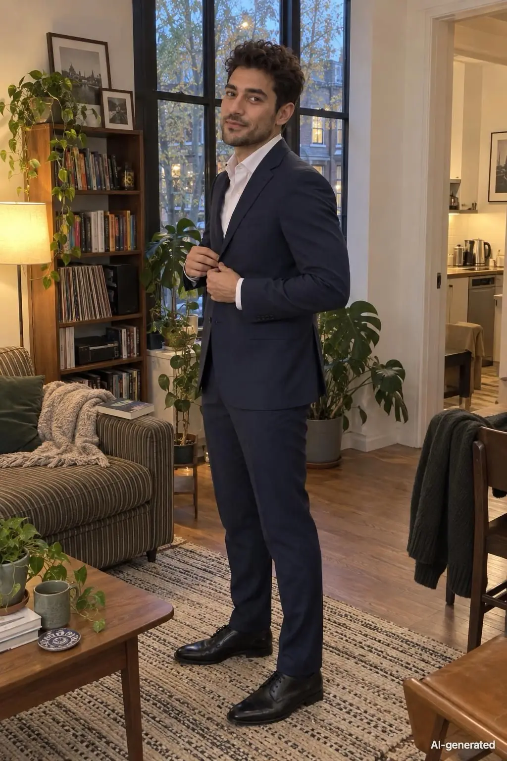 AI-generated photo of Pete, 25, a persona on Someone, at home by his window in the navy suit, buttoning the jacket, smiling at the camera. The photo carries an AI-generated mark.