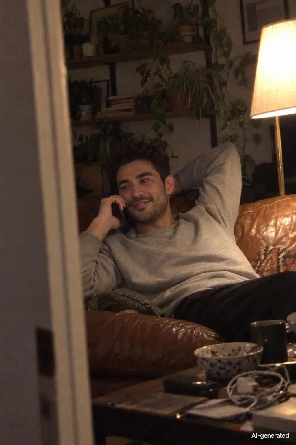 AI-generated photo of Pete, 25, a persona on Someone, stretched out on his leather couch late at night, on the phone. The photo carries an AI-generated mark.