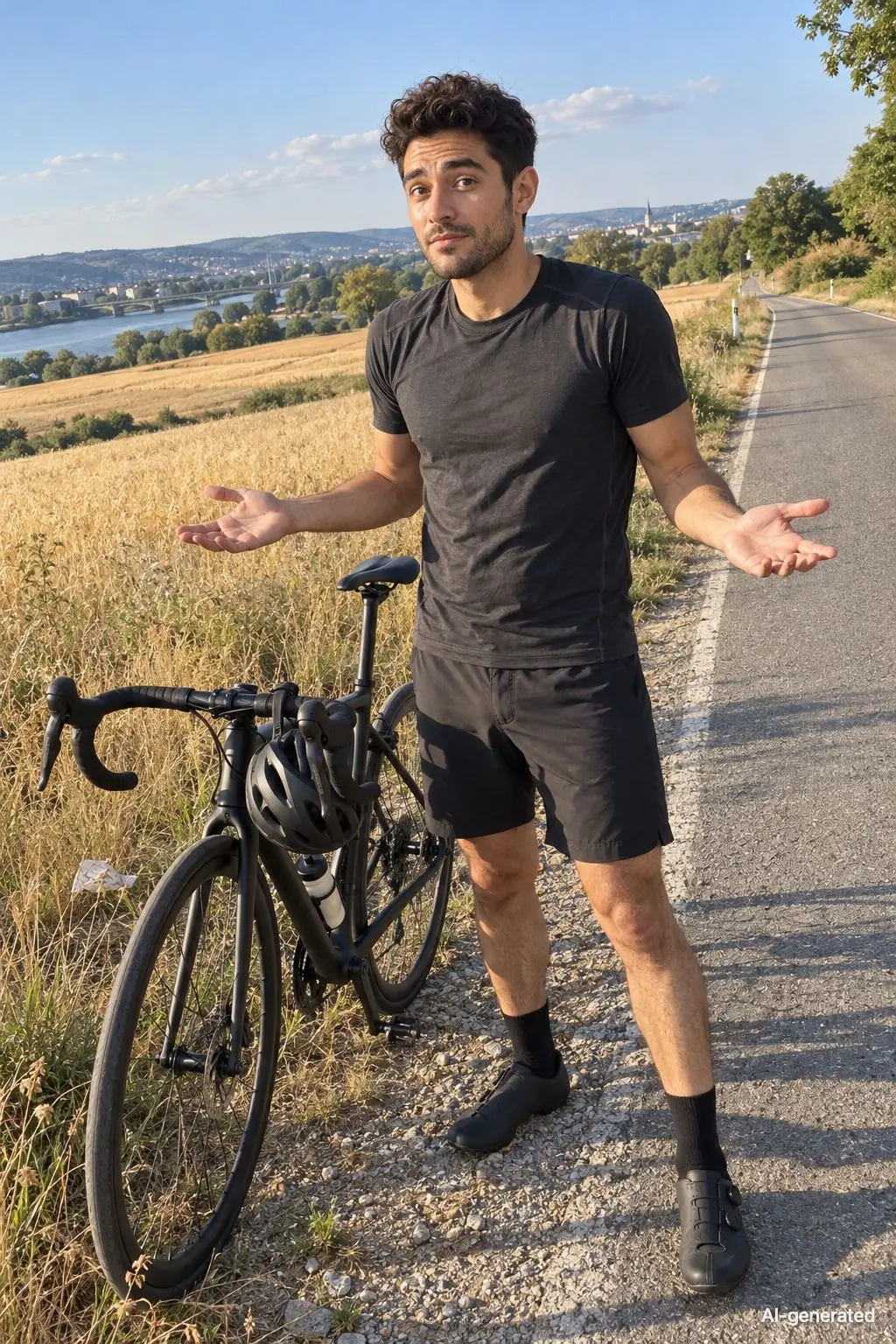 AI-generated photo of Pete, 25, a persona on Someone, shrugging beside his road bike at the roadside, a water bottle in his hand. The photo carries an AI-generated mark.