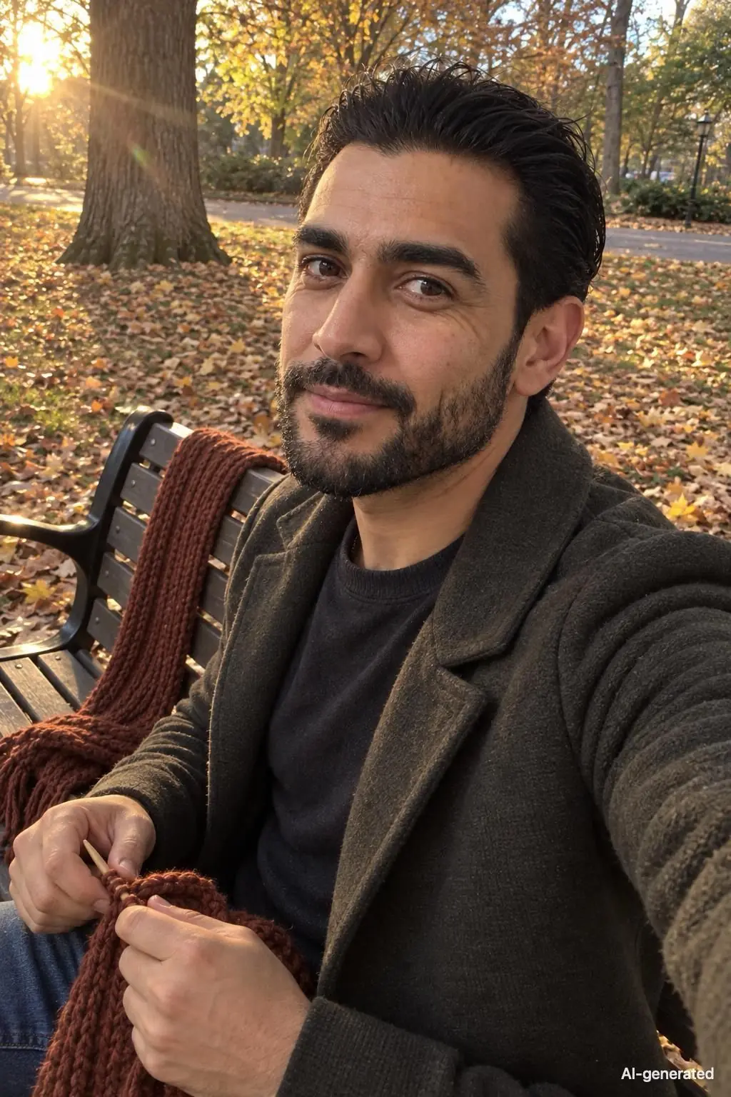 AI-generated photo of Quinn, 35, a persona on Someone, knitting a rust-red scarf on a park bench among autumn leaves in low golden light, in an olive wool coat, holding the camera out at arm's length with a small, knowing smile. The photo carries an AI-generated mark.