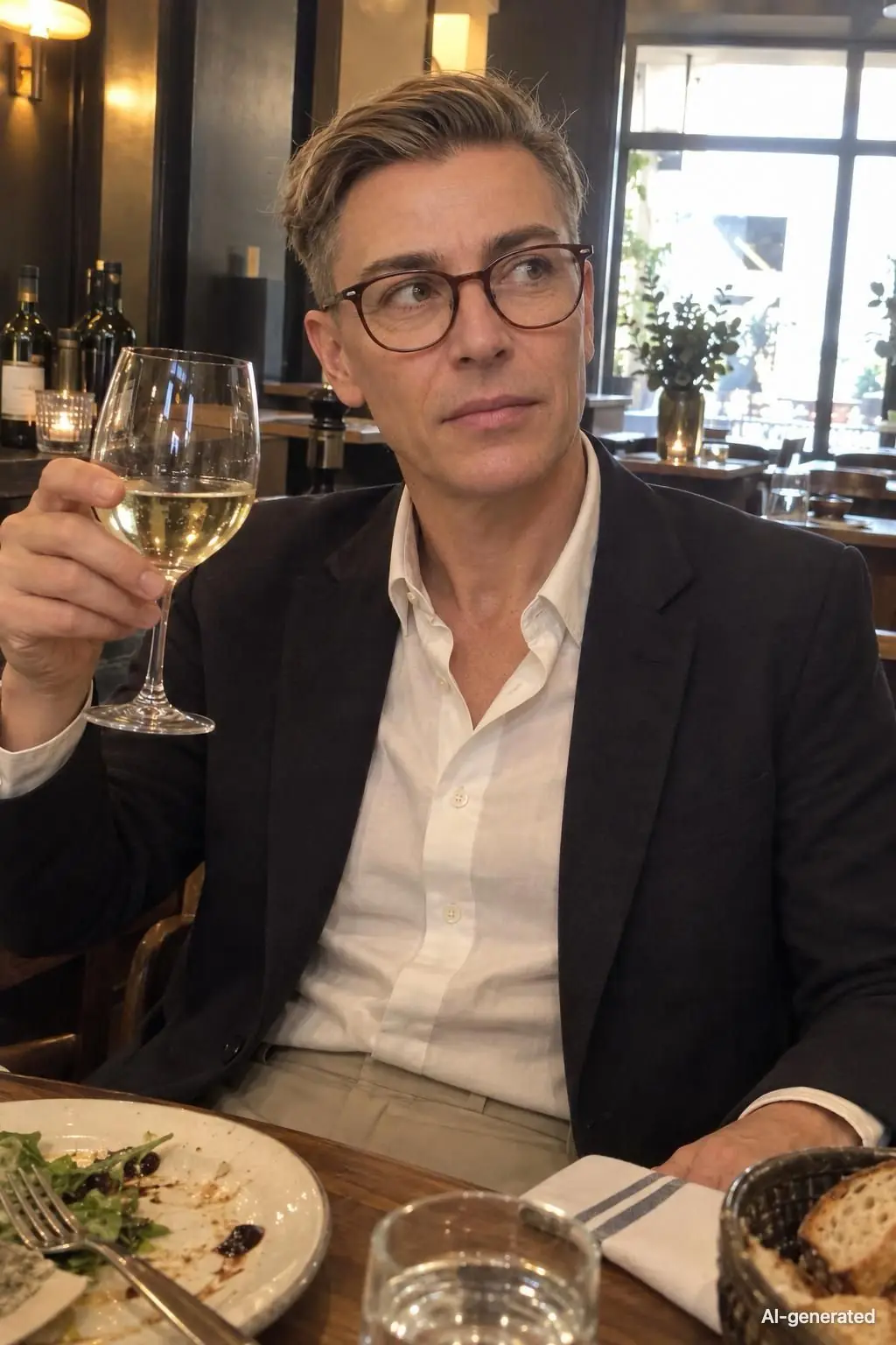 AI-generated photo of Rowan, 44, a persona on Someone, raising a glass of white wine at a restaurant table in a dark blazer and open white shirt, a plate and a bread basket in front of them, glancing off to the side. The photo carries an AI-generated mark.