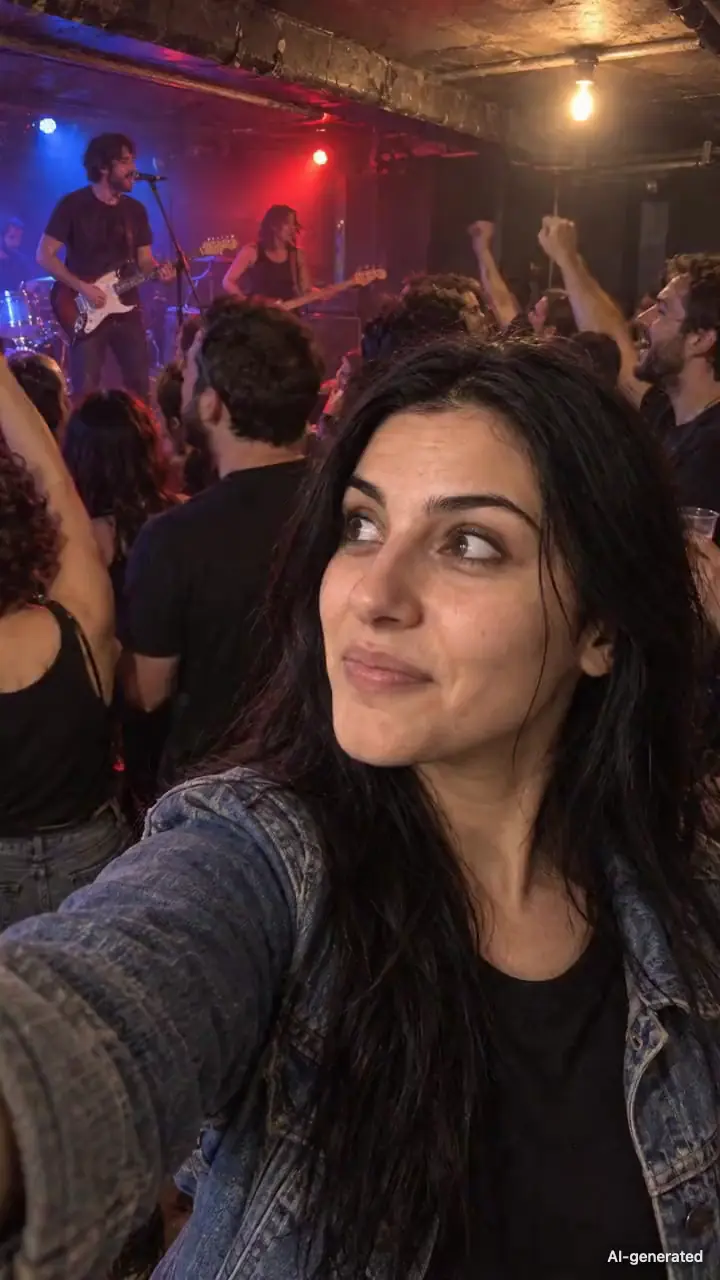 AI-generated video clip of Hannah, 28, a persona on Someone, taking a selfie in the crowd at a basement show, the band playing under red and blue lights behind her. It carries an AI-generated mark.