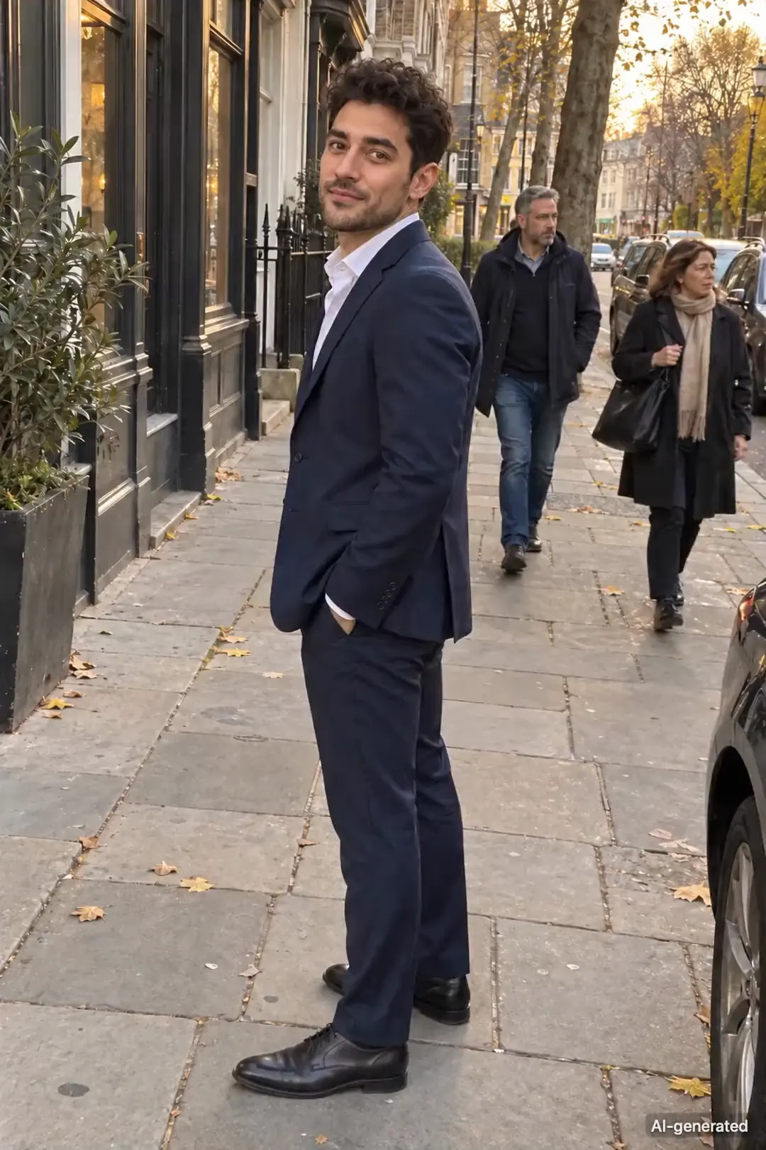 AI-generated video clip of Pete, 25, a persona on Someone, fixing his cuffs in the navy suit on a city street, then grinning at the camera. It carries an AI-generated mark.