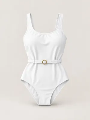 AI-generated product photo of the white belted one-piece, one of the pieces in the Someone Shop.