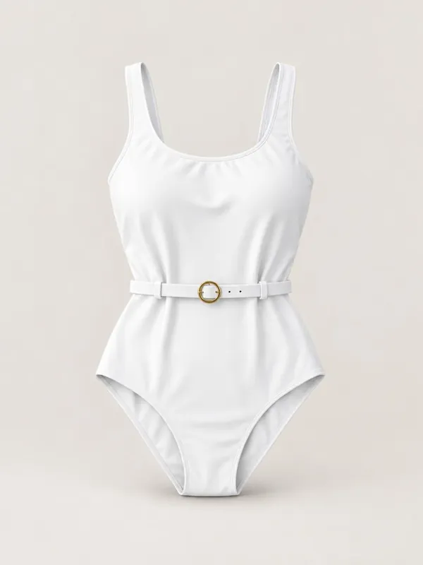 AI-generated product photo of the white belted one-piece, one of the pieces in the Someone Shop.