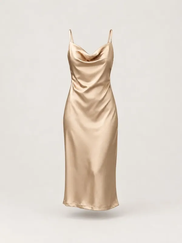 AI-generated product photo of the champagne satin cowl midi, one of the pieces in the Someone Shop.