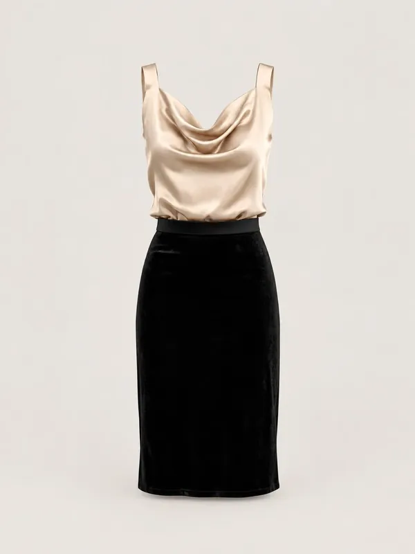 AI-generated product photo of the champagne satin cowl top & velvet skirt, one of the pieces in the Someone Shop.
