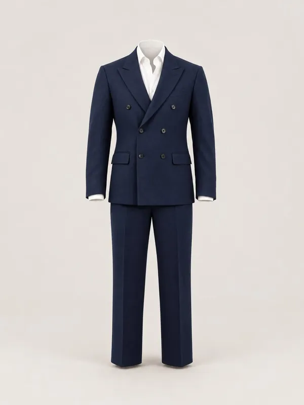 AI-generated product photo of the navy double-breasted suit, one of the pieces in the Someone Shop.