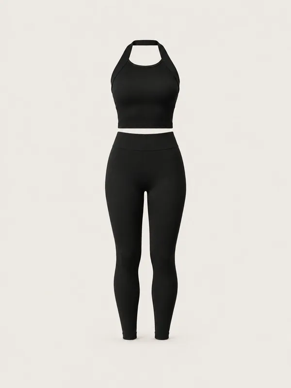 AI-generated product photo of the black halter set, one of the pieces in the Someone Shop.