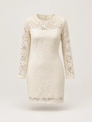 AI-generated product photo of the ivory lace long-sleeve mini, one of the pieces in the Someone Shop.