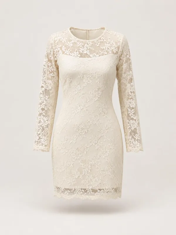 AI-generated product photo of the ivory lace long-sleeve mini, one of the pieces in the Someone Shop.