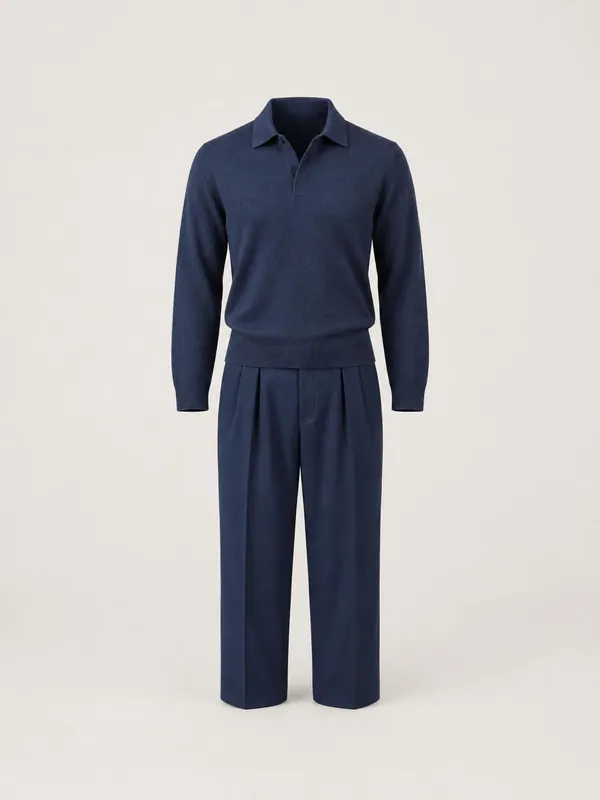 AI-generated product photo of the navy merino knit polo, one of the pieces in the Someone Shop.