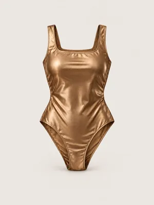 AI-generated product photo of the bronze metallic one-piece, one of the pieces in the Someone Shop.