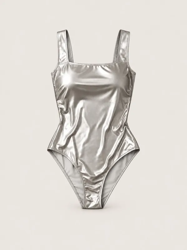 AI-generated product photo of the metallic silver metallic one-piece, one of the pieces in the Someone Shop.