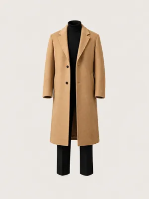 AI-generated product photo of the camel long overcoat, one of the pieces in the Someone Shop.