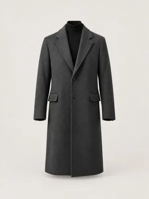 AI-generated product photo of the charcoal long overcoat, one of the pieces in the Someone Shop.