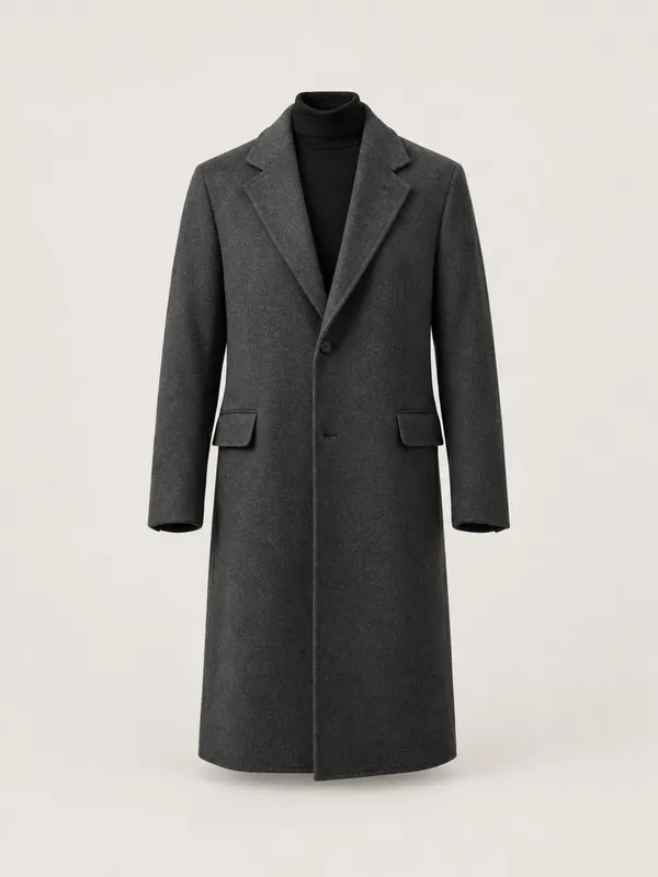 AI-generated product photo of the charcoal long overcoat, one of the pieces in the Someone Shop.