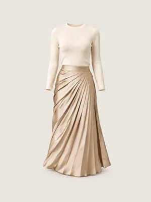 AI-generated product photo of the champagne knit top & pleated satin skirt, one of the pieces in the Someone Shop.