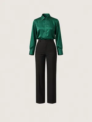 AI-generated product photo of the emerald satin shirt & trousers, one of the pieces in the Someone Shop.