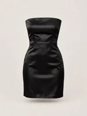 AI-generated product photo of the black satin strapless mini, one of the pieces in the Someone Shop.