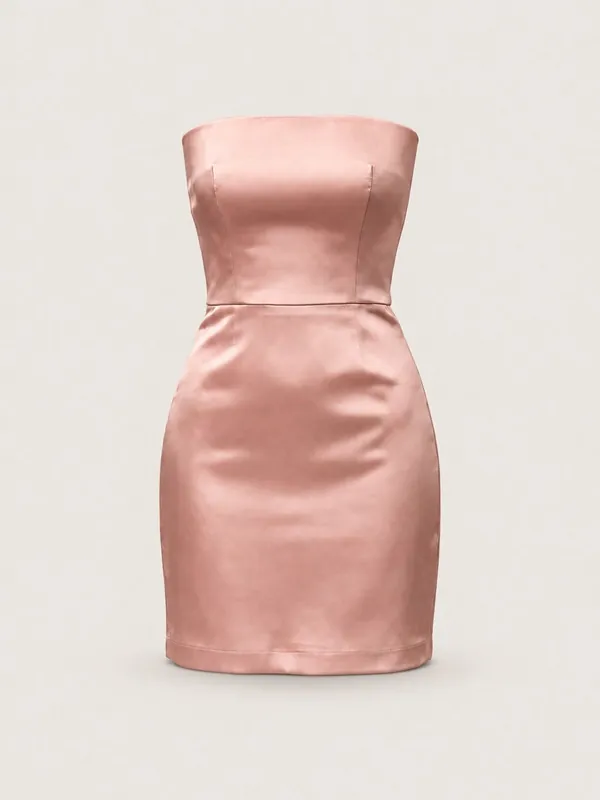 AI-generated product photo of the blush satin strapless mini, one of the pieces in the Someone Shop.