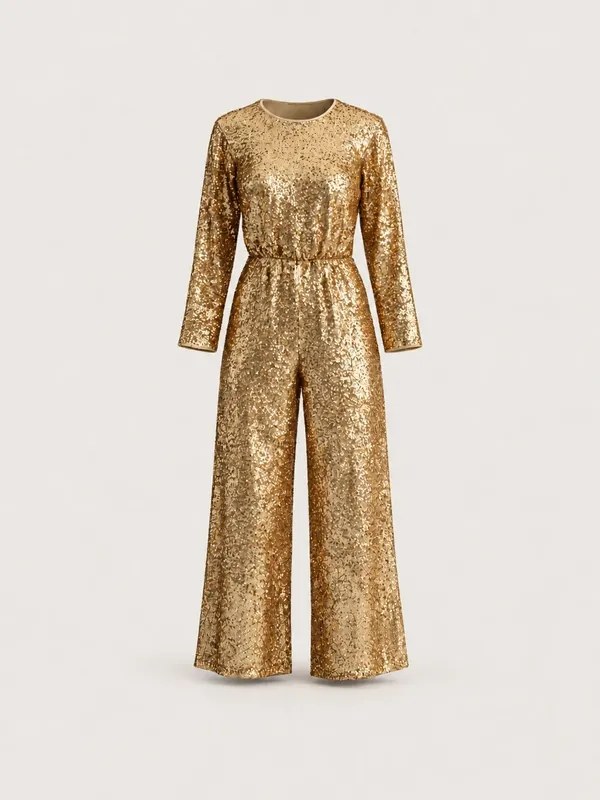 AI-generated product photo of the metallic gold sequin jumpsuit, one of the pieces in the Someone Shop.