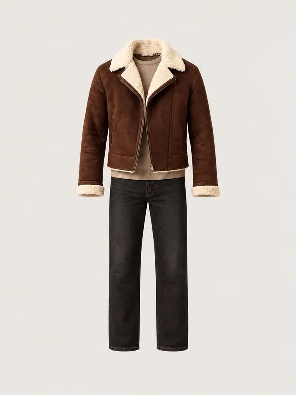 AI-generated product photo of the chocolate shearling jacket, one of the pieces in the Someone Shop.
