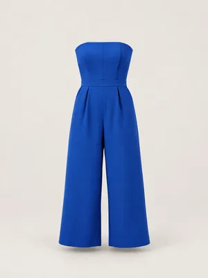 AI-generated product photo of the cobalt strapless jumpsuit, one of the pieces in the Someone Shop.