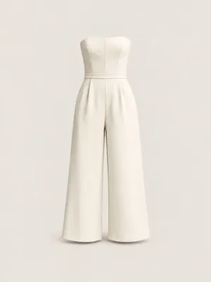 AI-generated product photo of the ivory strapless jumpsuit, one of the pieces in the Someone Shop.